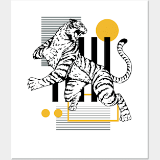 Retro 80s Black & Gold Tiger on the Attack // Vintage Geometric Shapes Background Posters and Art